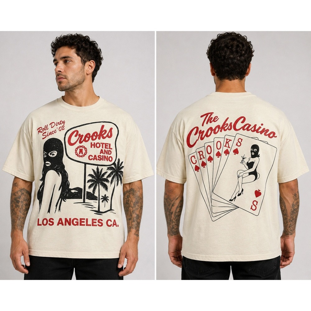 Crooks & Castles Los Angeles Hotel Casino Graphic T-Shirt XXL Cream Streetwear